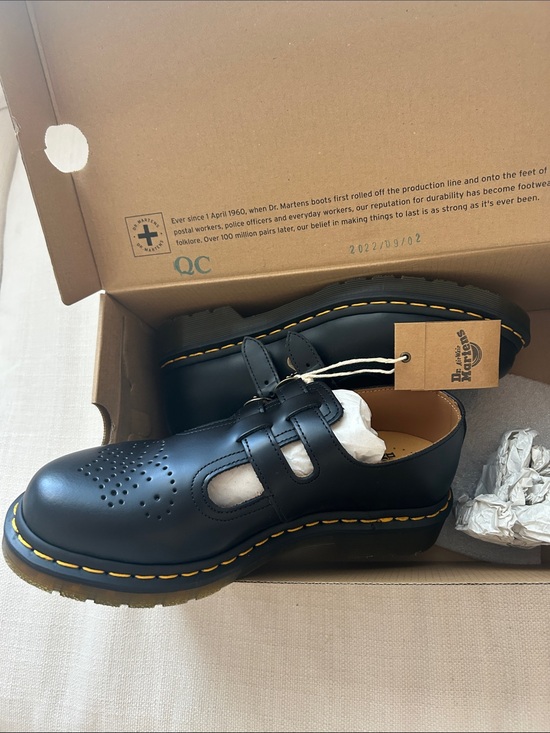 Dr. Martens Shoes - Dr. Martens Black Leather Mary Jane Shoes with Yellow Stitching